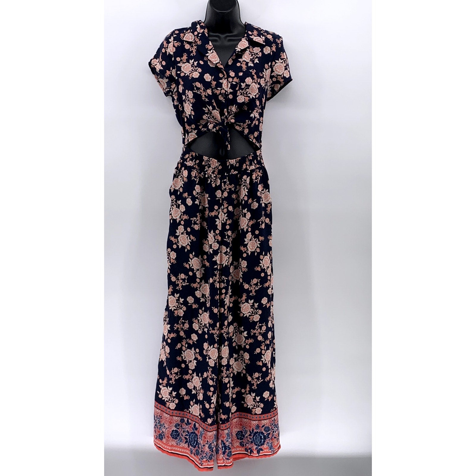 BEBOP Women's Navy-Pink Floral V-Neck Short Sleeve Cutout Maxi Summer Dress SZ M