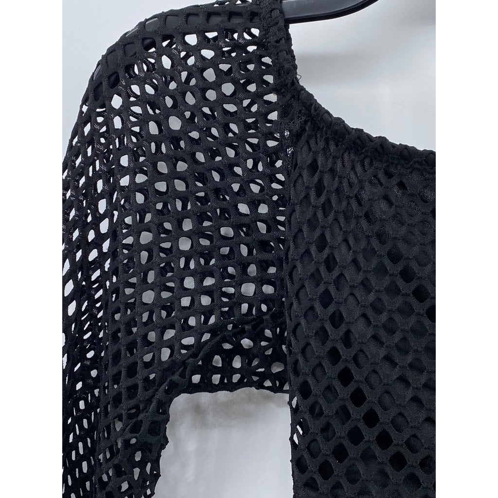 IRIS Women's Black Mesh Long Sleeve Tie-Knot Cropped Top SZ M