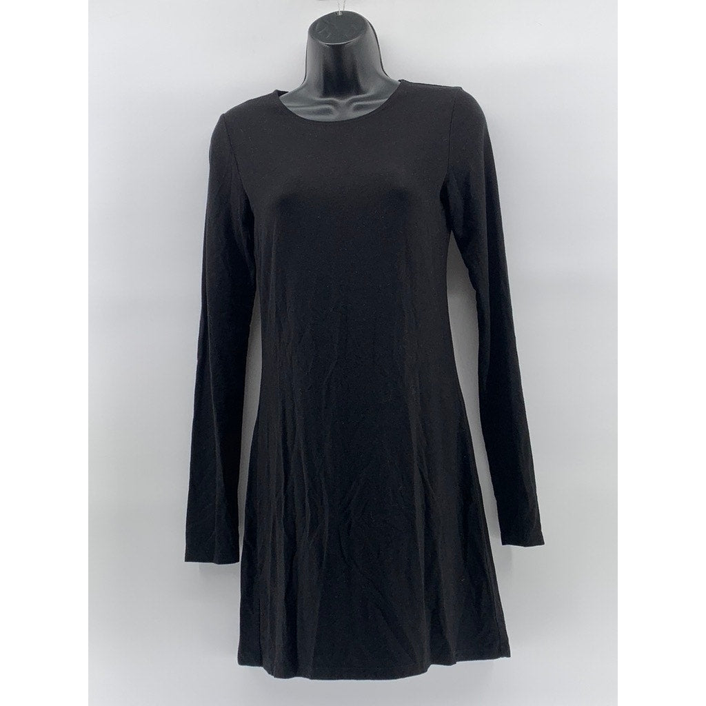 UNBRANDED Women's Black Solid Crewneck Long Sleeve Casual A-Line Mini Dress SZ S