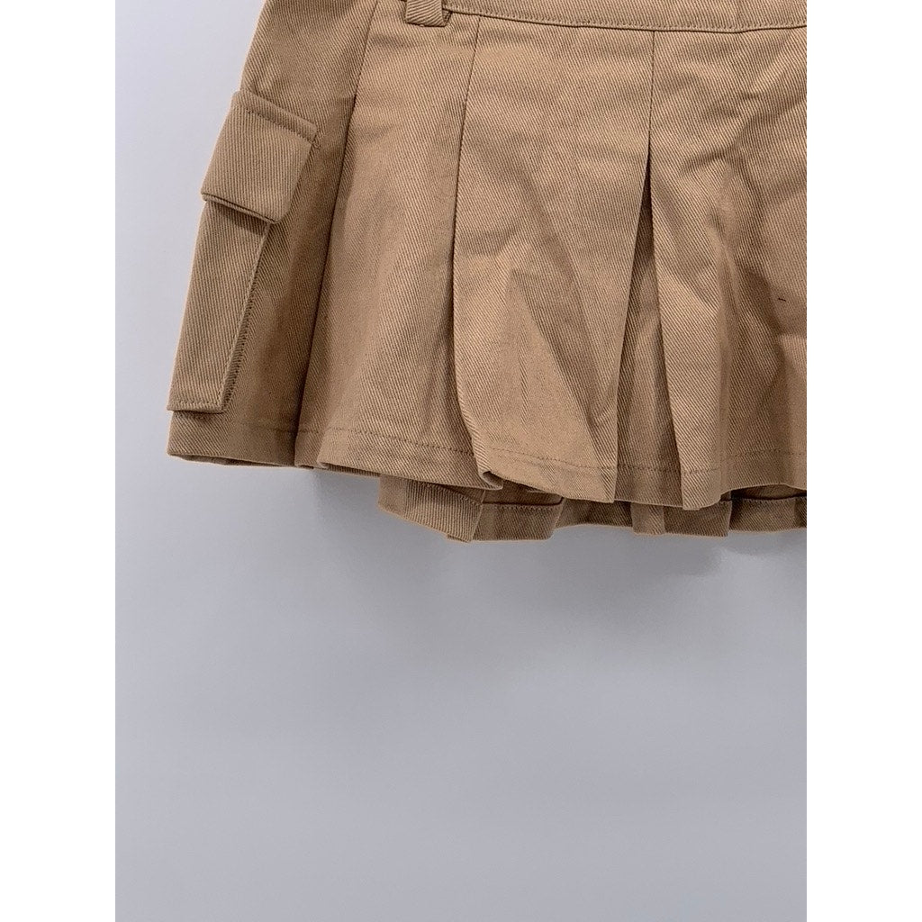 SHEIN Women's Tan Denim Pleated A-Line Tennis Cargo Mini Skirt SZ 4
