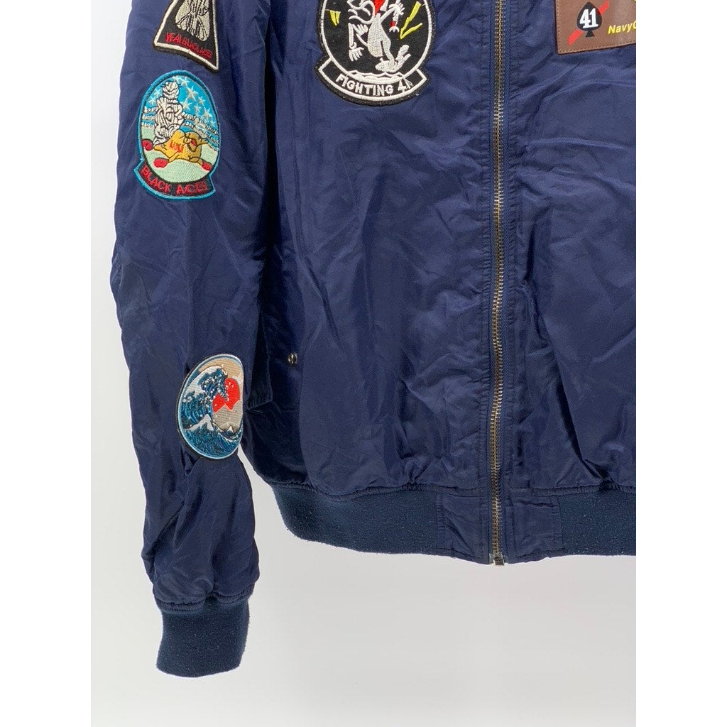 NEO-WOWS Men's Navy Vintage Patchwork Zip-Up Bomber Jacket SZ L