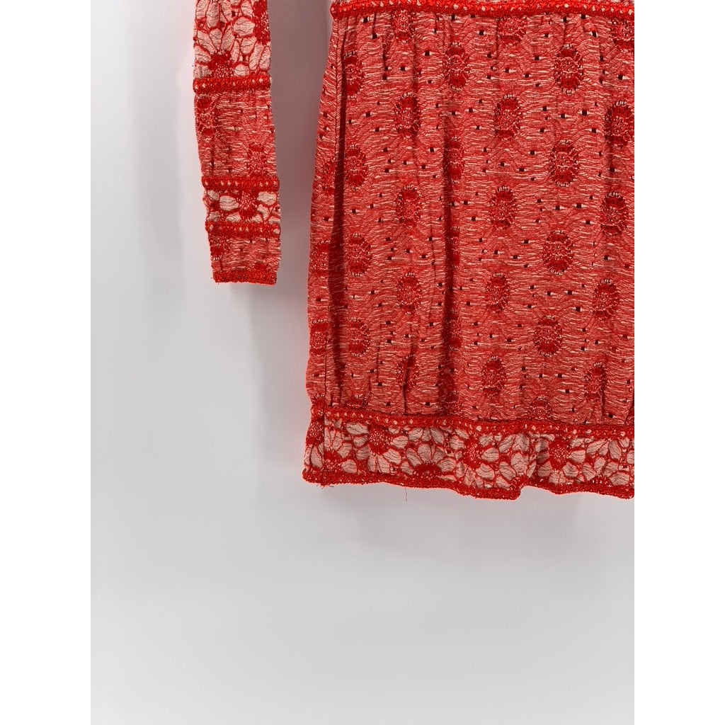 FREE PEOPLE Women's Red-Beige Floral Lace Long Sleeve Scoop-Neck Mini Dress SZXS