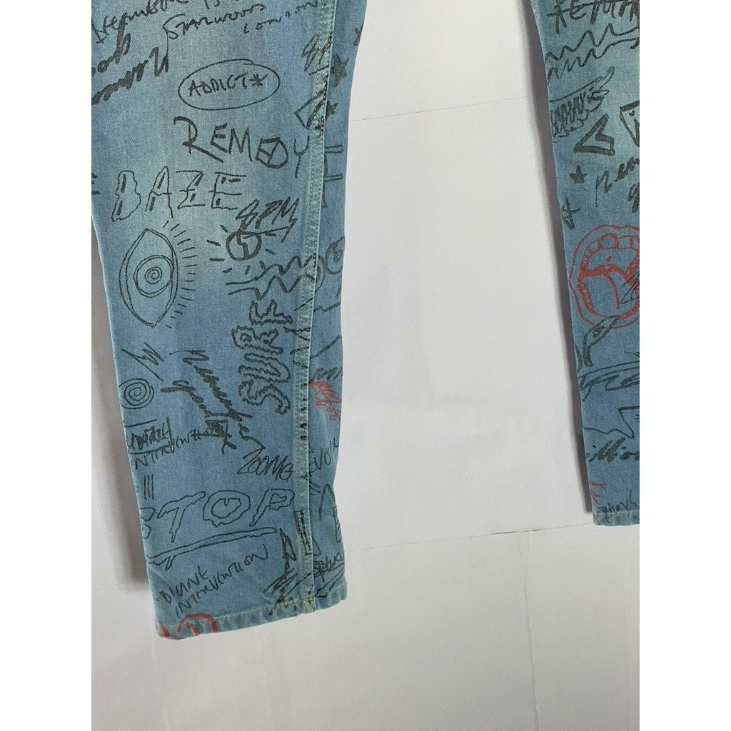 TOPMAN Men's Light Blue Doodle Print Stretch Skinny-Leg Five-Pocket Jean SZ 32S