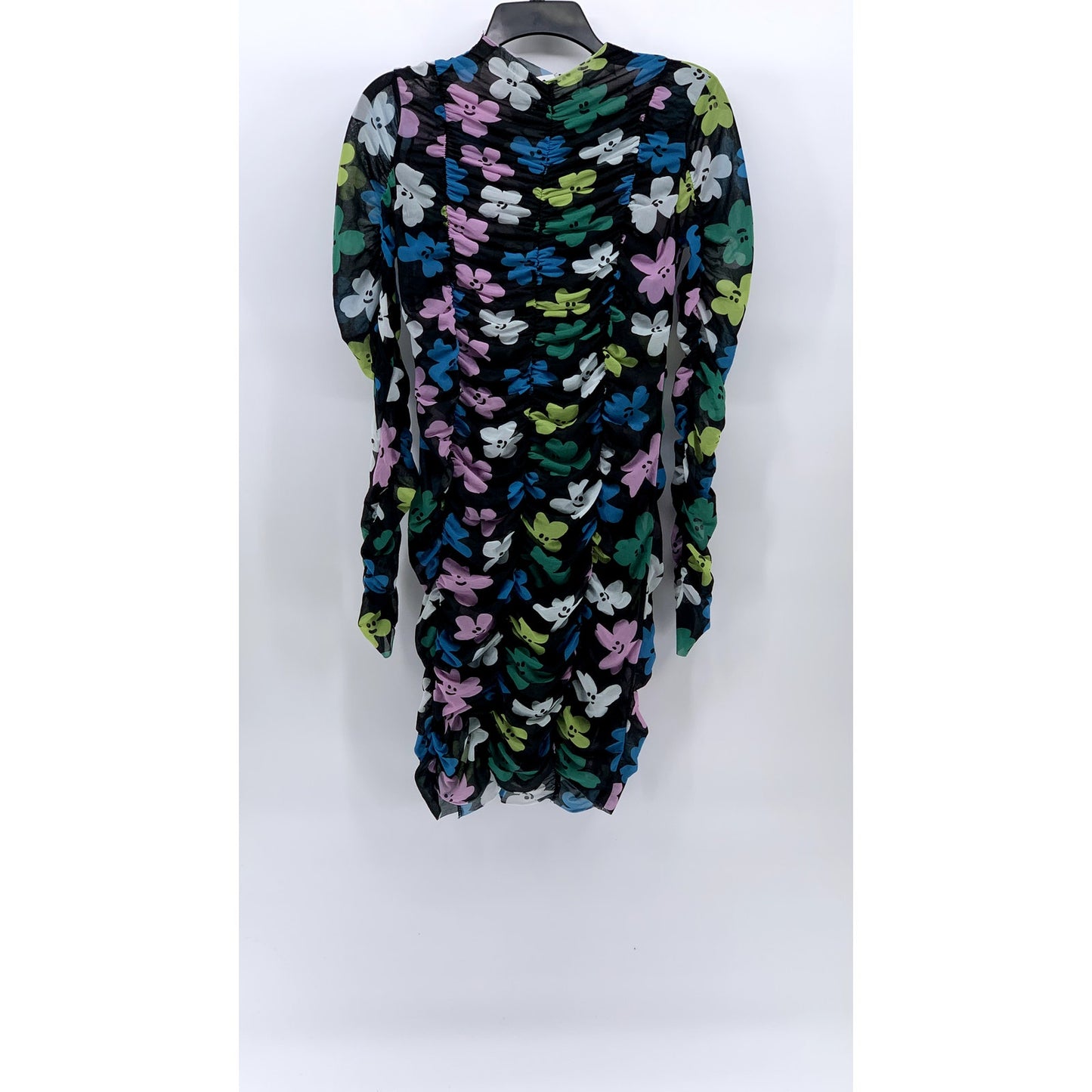COLLUSION Women's Black Daisy Floral Print Sheer Ruched Bodycon Mini Dress SZ 12