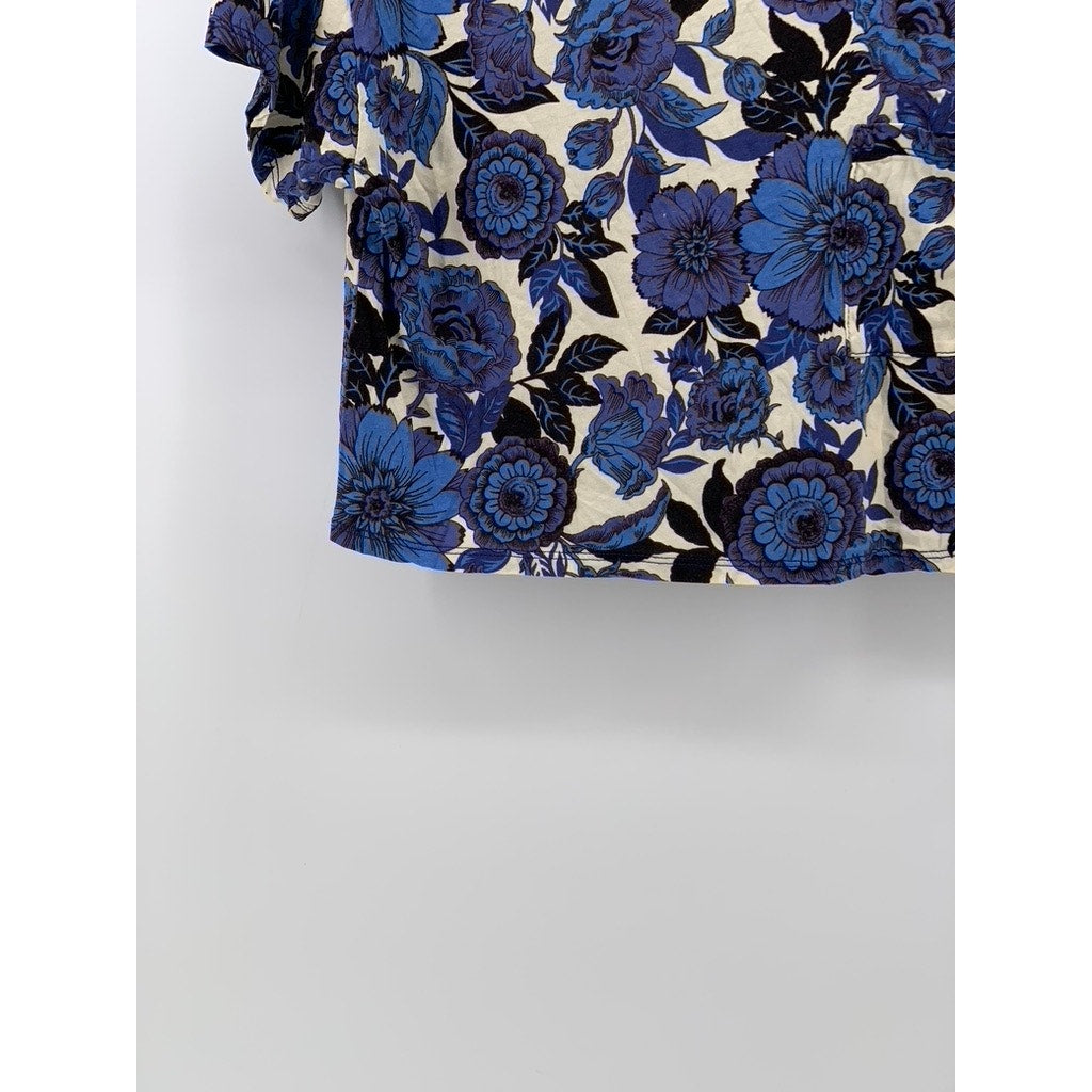 FORVER 21 Women’s Blue-Cream Floral Printed Crewneck Short Sleeve Crop Top SZ S