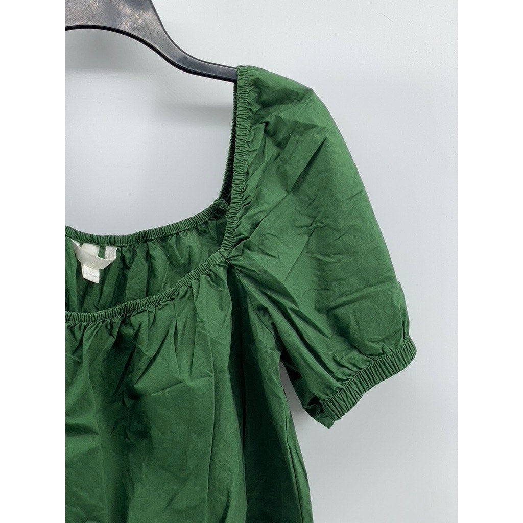 H&M Women's Dark Green Scoop-Neck Short Puff-Sleeve Cropped Top SZ L
