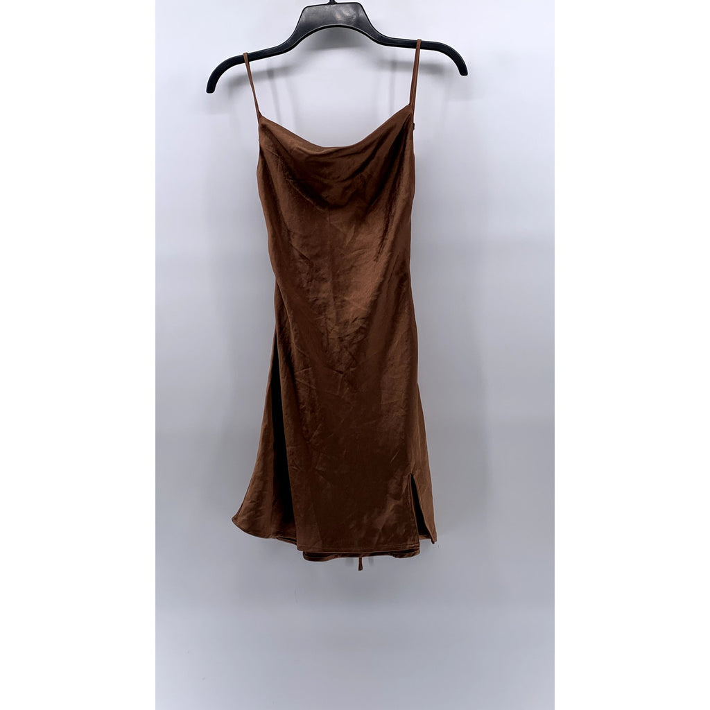 PRINCESS POLLY Women's Brown Satin Cowl-Neck Open Back Mini Dress SZ 0