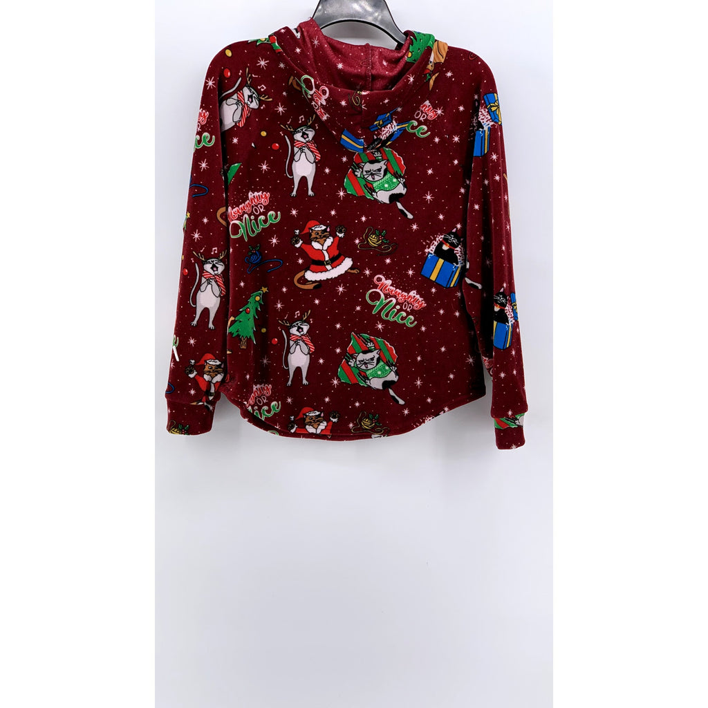 NO BOUNDARIES Women's Red Christmas Cat Fleece Hoodie Sweater SZ M