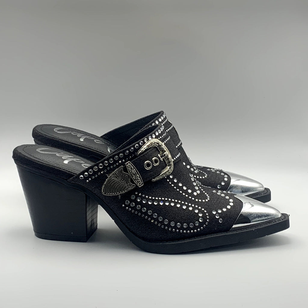 CAPE ROBBIN Women's Black Viv Rhinestone Denim Buckle Pointed-Toe Heels SZ 8