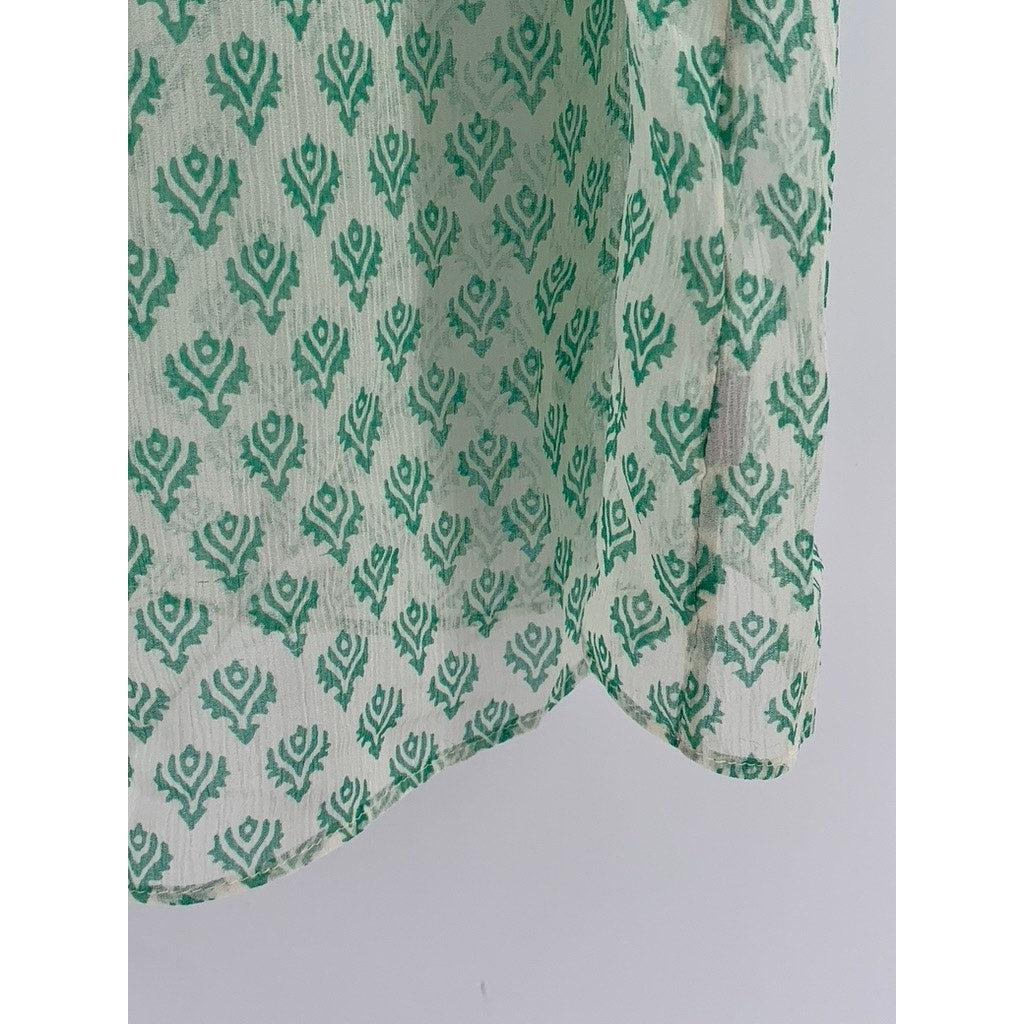 BANANA REPUBLIC Women's White-Green Printed Pintuck Button-Up Silk Top SZ L