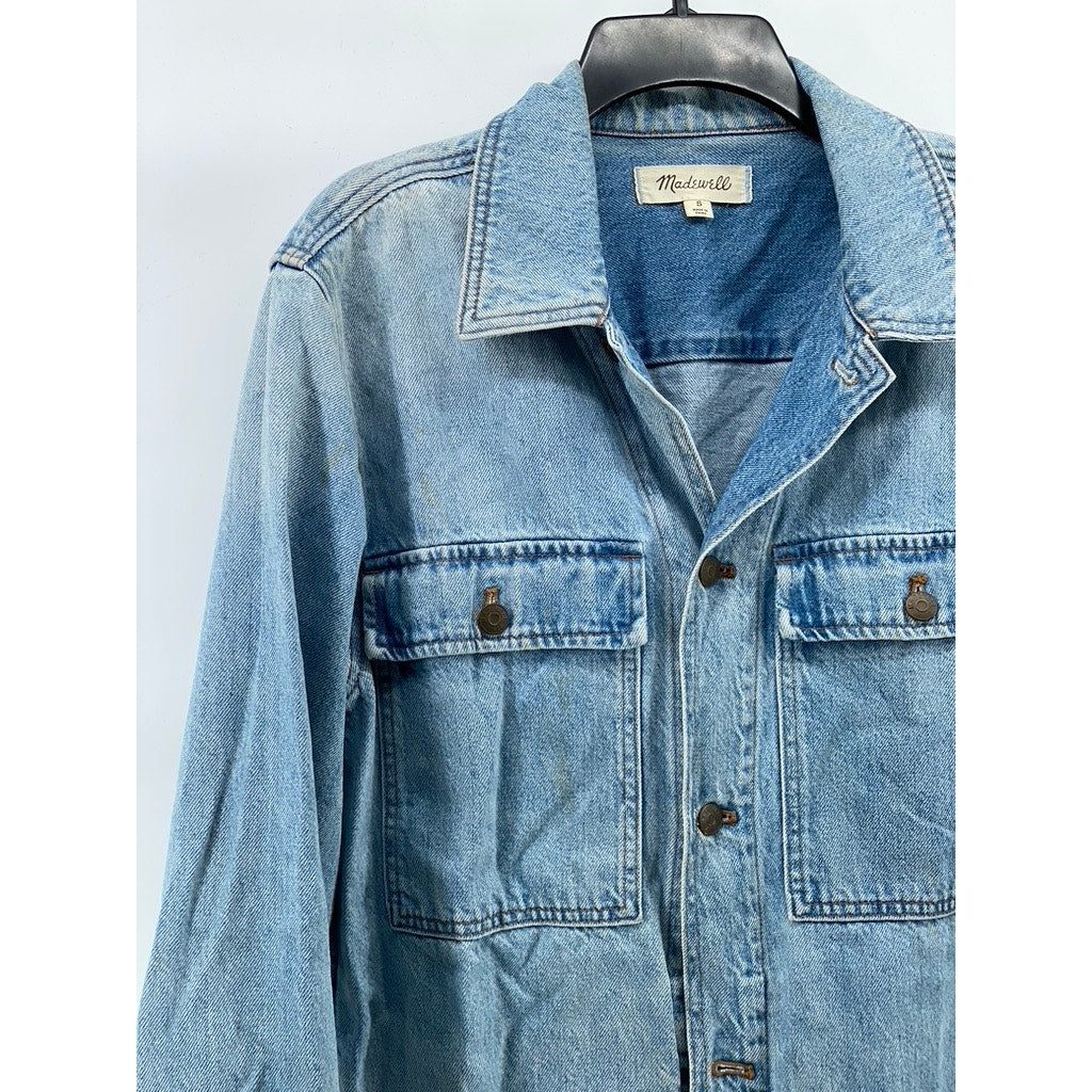 MADEWELL Men’s Highbury Wash Blue Denim Relaxed-Fit Button-Up Shirt Jacket SZ S