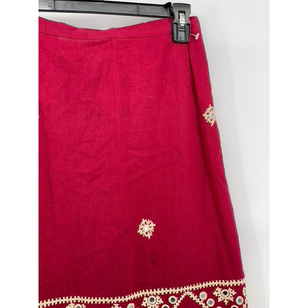 UNBRANDED Women's Burgundy-Beige Embroidered Embellished Eyelet Midi Skirt SZ S