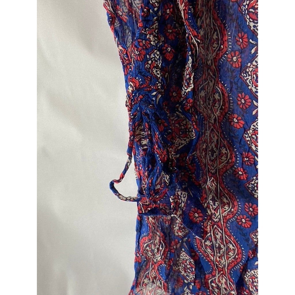 LUCKY BRAND Women’s Navy Crochet Knit 3/4 Cinched Sleeve Sheer Floral Top SZ M