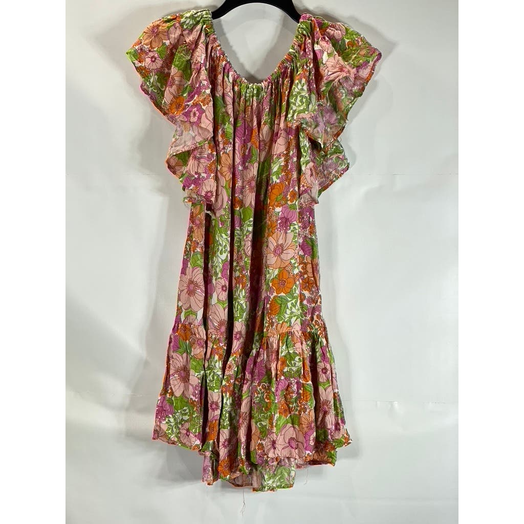 RACHEL ZOE Women's Green/Pink Floral Print Ruffle Belted Mini Dress SZ S