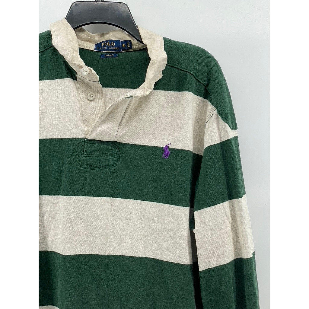 POLO RALPH LAUREN Men's Green-White Striped Custom Fit Rugby Polo Shirt SZ XL