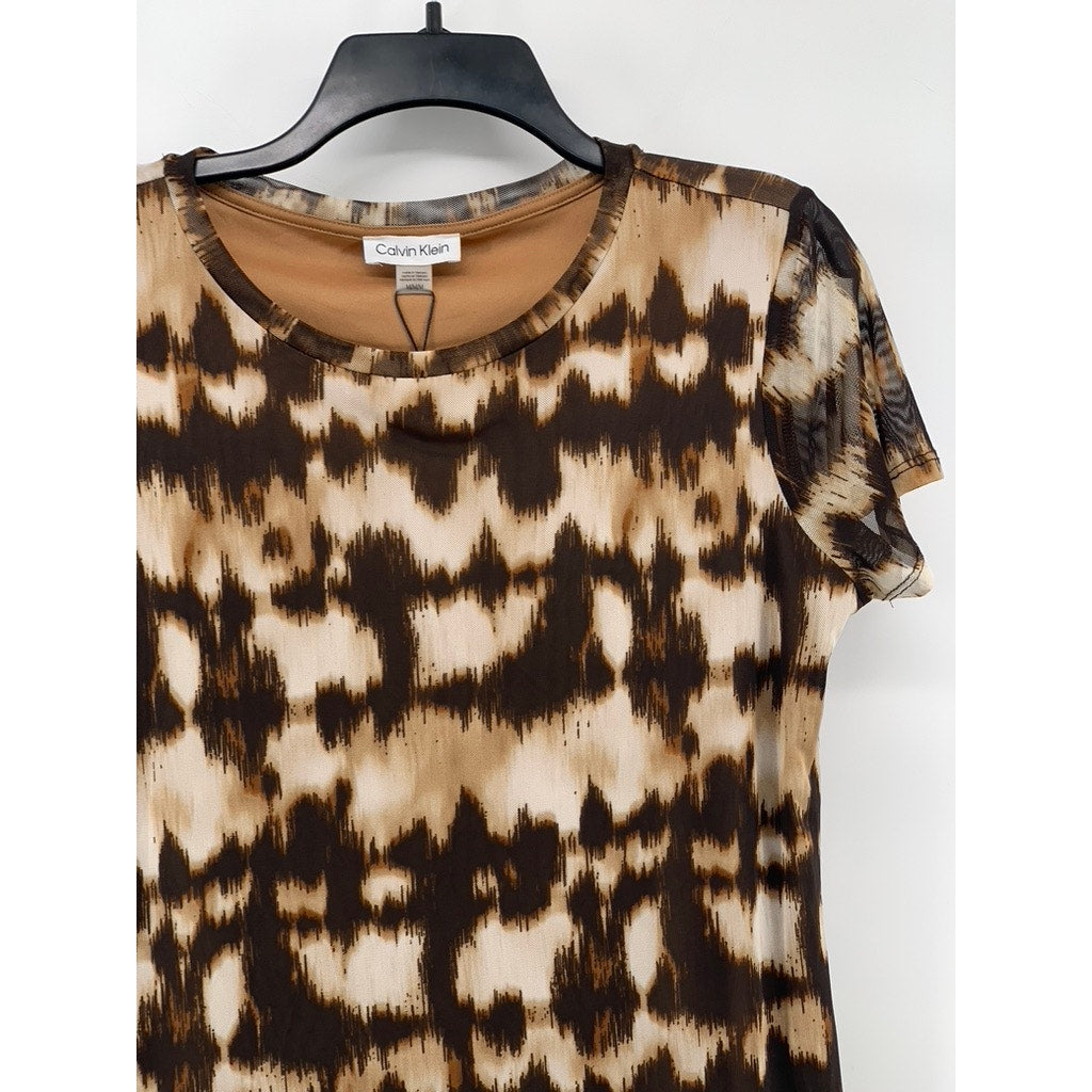 CALVIN KLEIN Women's Brown-Black Abstract Print Short Sleeve Crewneck Top M