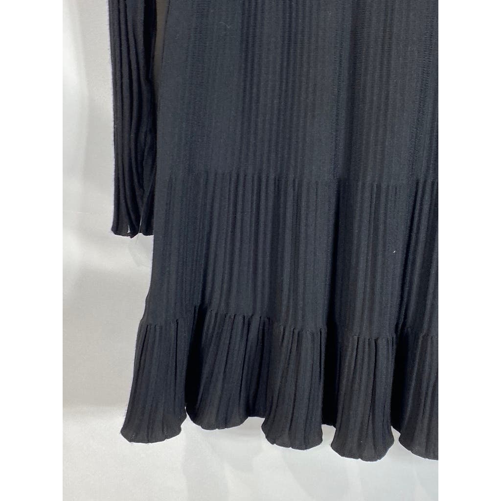 REISS Women's Clemmy Black Pleated Long Sleeve A-line Illusion Dress SZ L