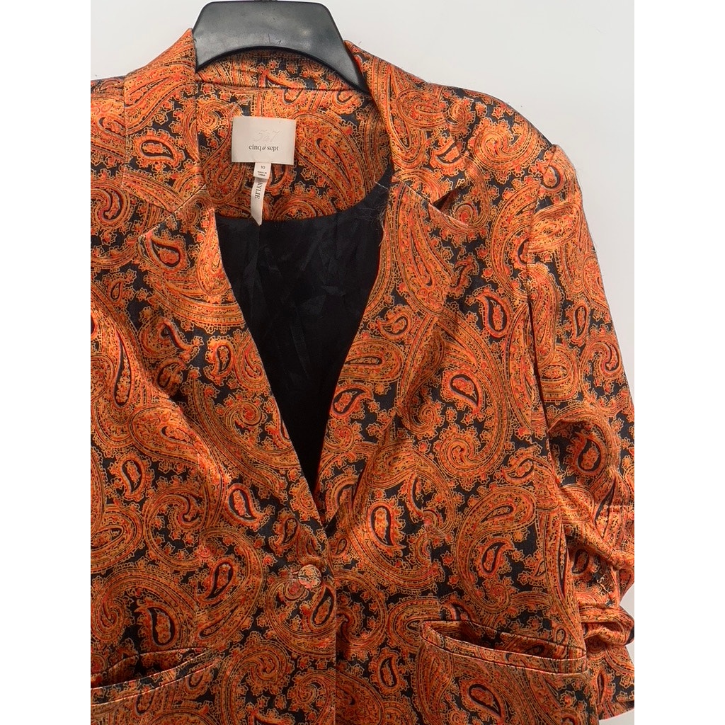 CINQ A SEPT Women's Orange Paisley Print One-Button Notch Collar Blazer SZ 10