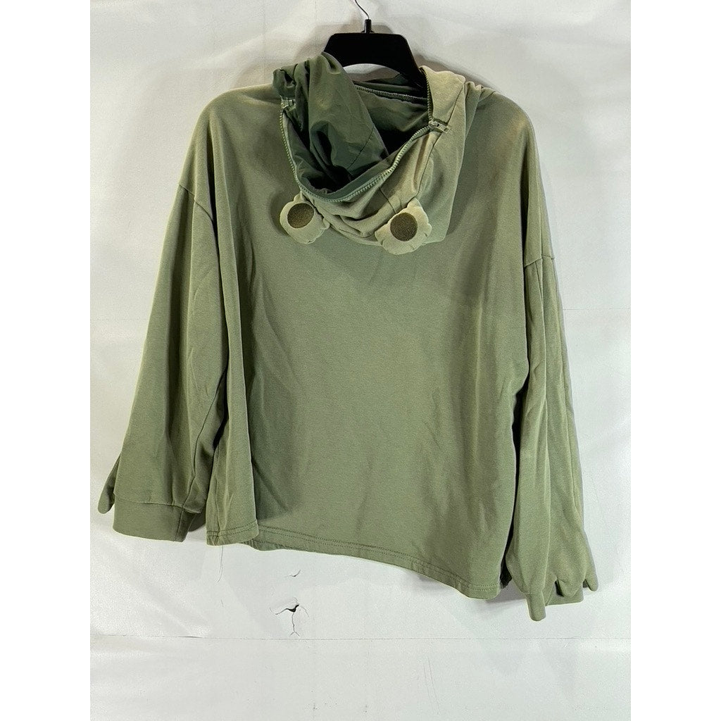 MODAKAWA Women's Olive Green Frog Zipper Envelope Oversized Hoodie SZ M