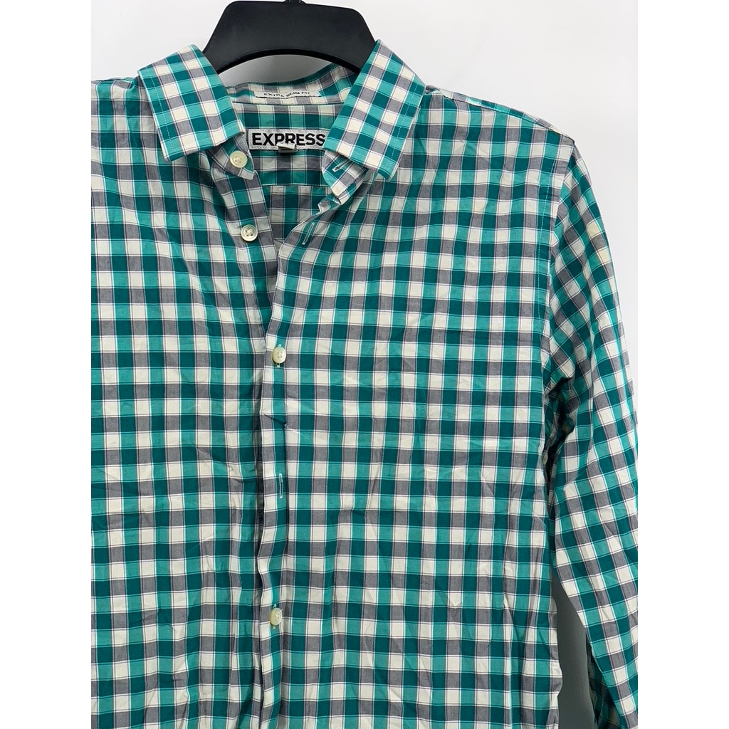 EXPRESS Men's Teal-White Plaid Extra Slim-Fit Button-Up Long Sleeve Shirt SZ M