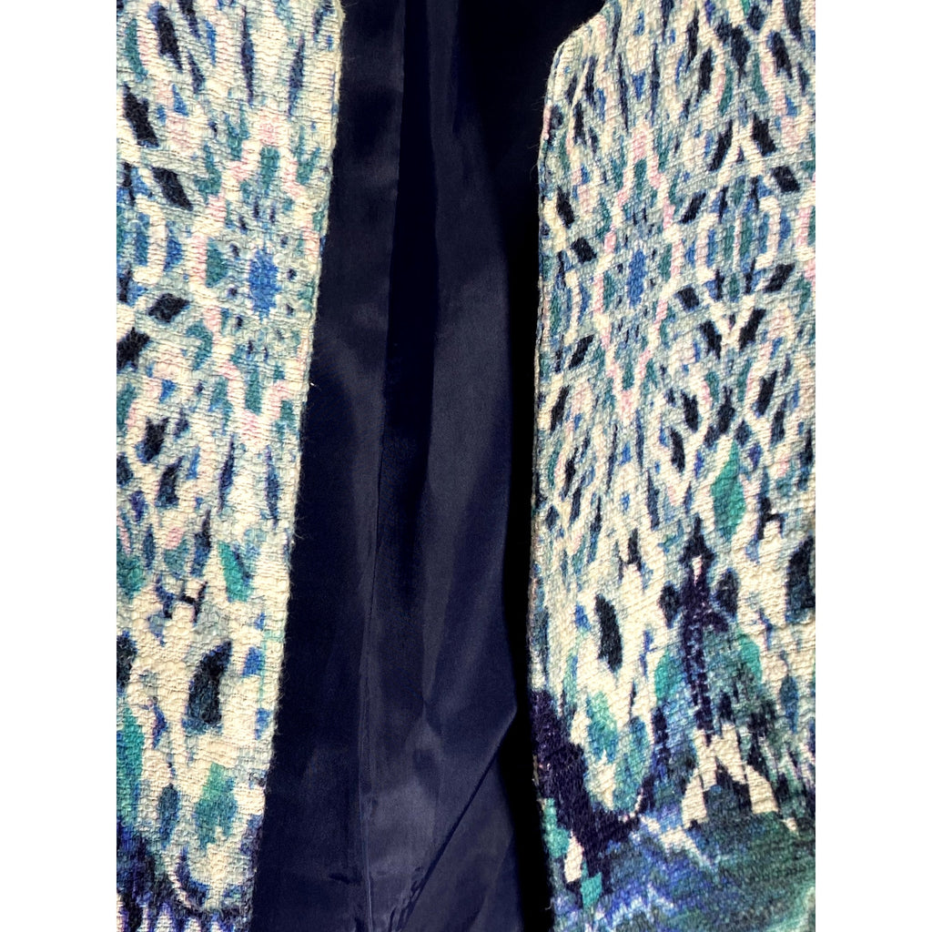 H&M Women's Blue Textured Cotton-Linen Open-Front Collarless Blazer SZ 4