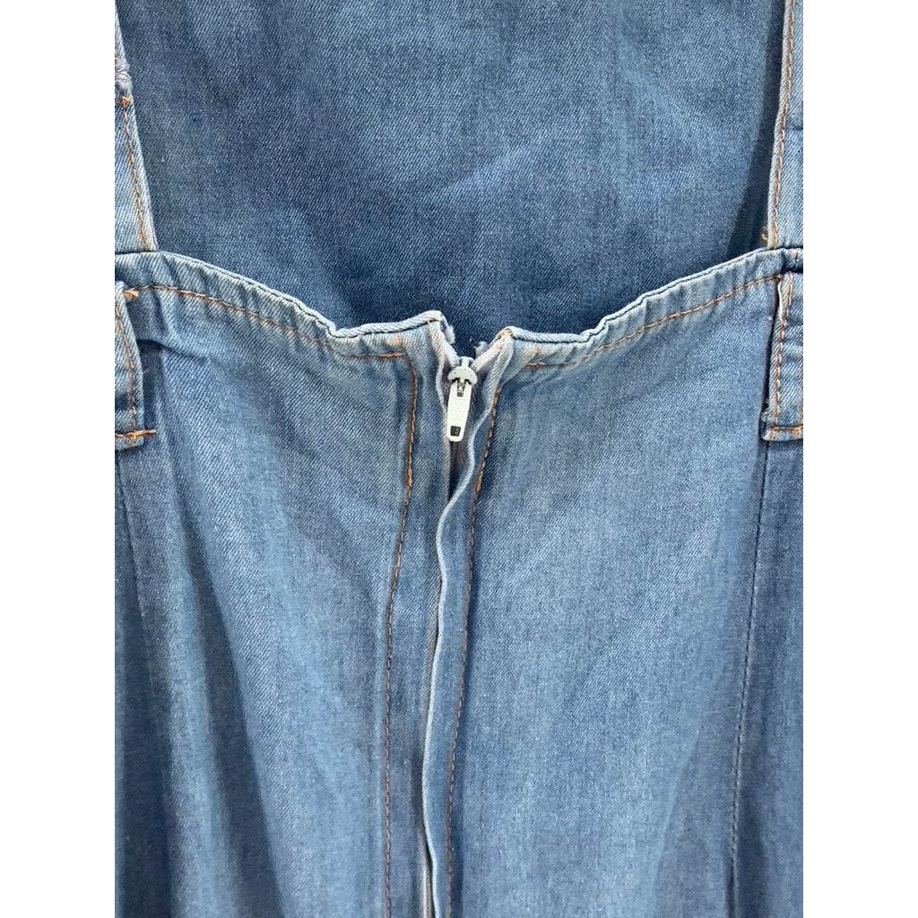 UNBRANDED Women's Blue Denim Distressed Pockets A-Line Midi Dress SZ S