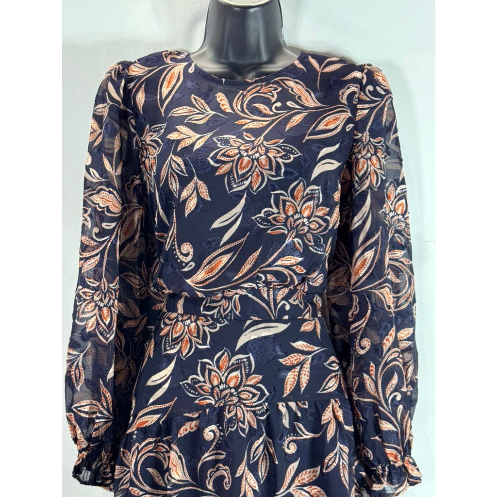 ELIZA J Women's Navy Floral Jewel Neck Tiered Chiffon Long Sleeve Dress SZ 8