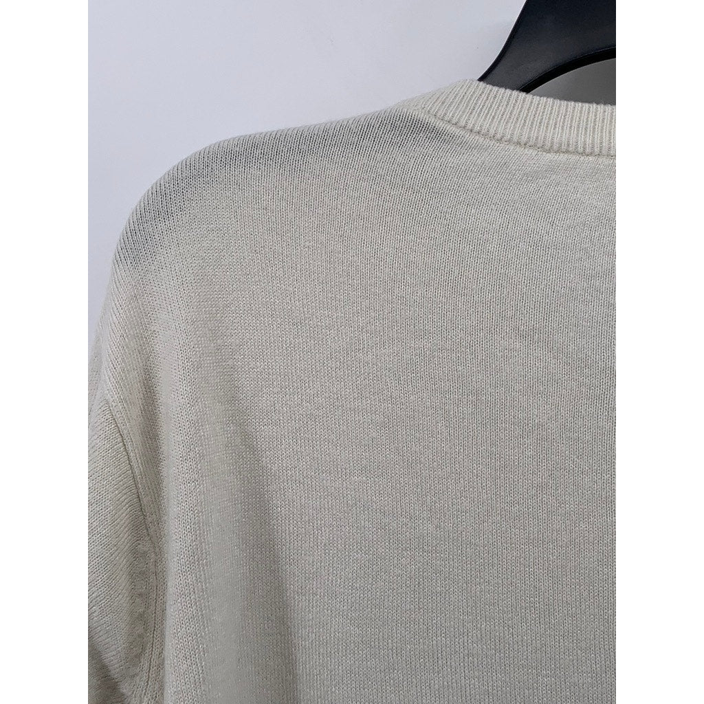 UNBRANDED Men's Off-White V-Neck Knit Long Sleeve Pullover Sweater SZ L