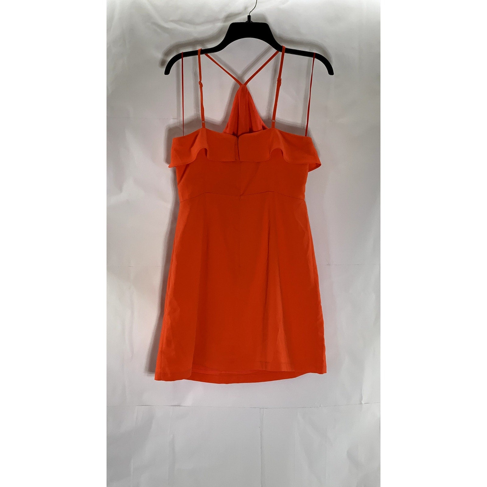 KIMCHI BLUE Women's Red-Orange Solid Ruffle Y-Neck A-Line Mini Dress SZ 8