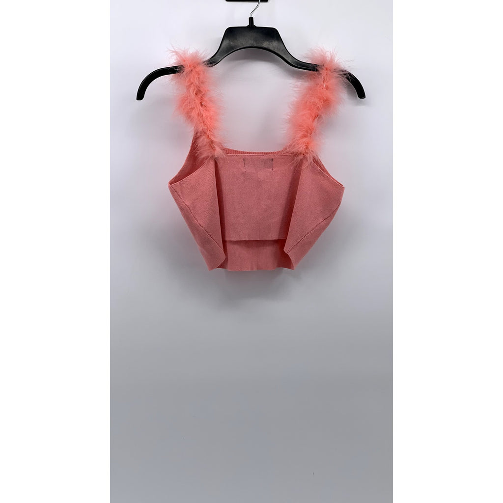 CIDER Women's Light Pink Fuzzy Strap Square-Neck Cropped Tank Top SZ L(8)