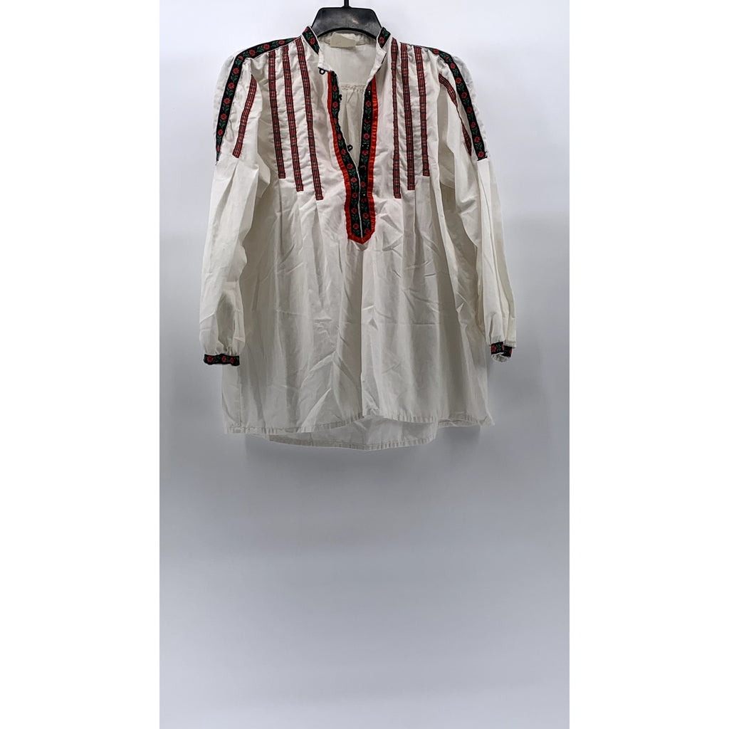UNBRANDED Women's White-Red-Black Floral Embroidered Relaxed Fit Top SZ L