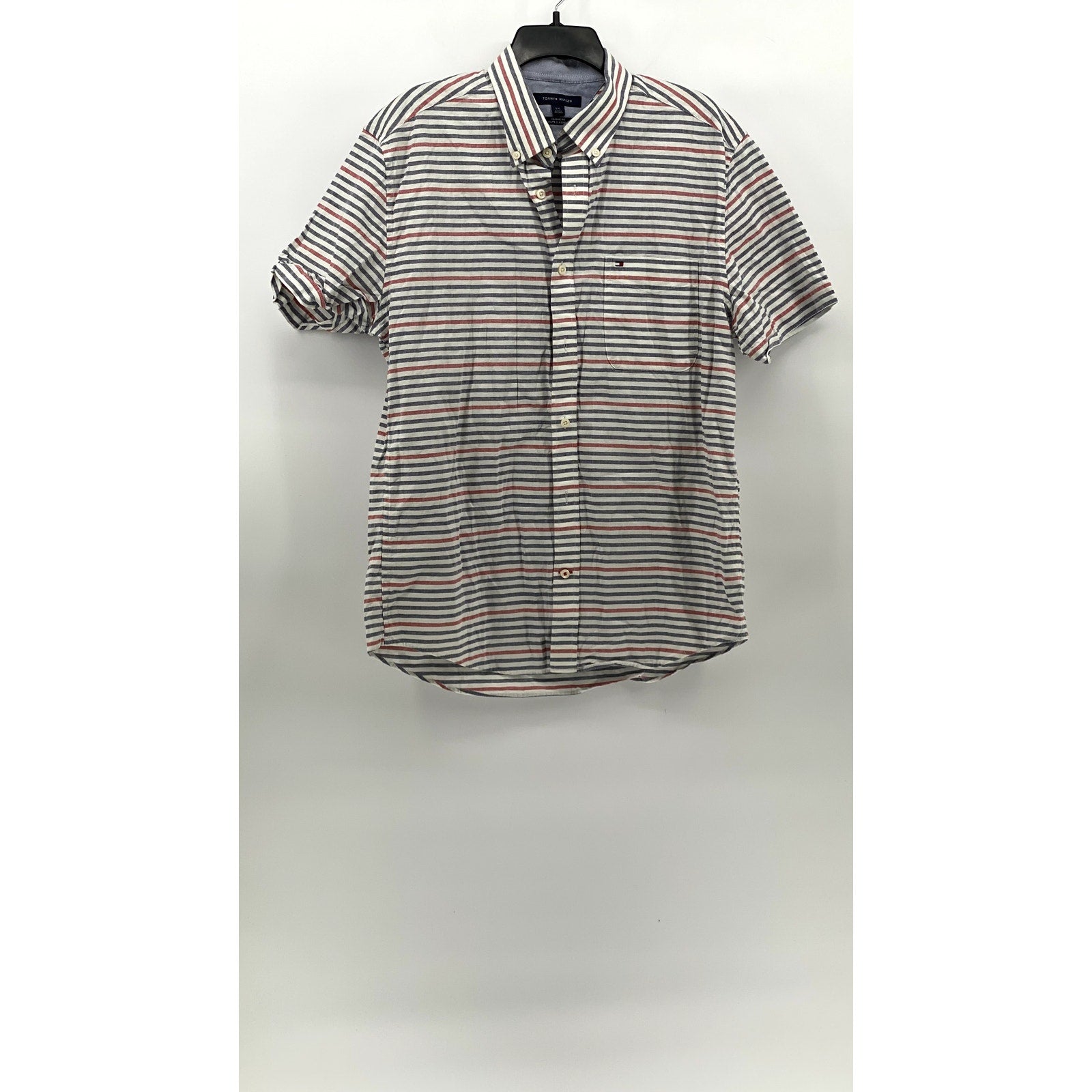 TOMMY HILFIGER Men's Blue-Red Striped Classic-Fit Button-Up Shirt SZ L