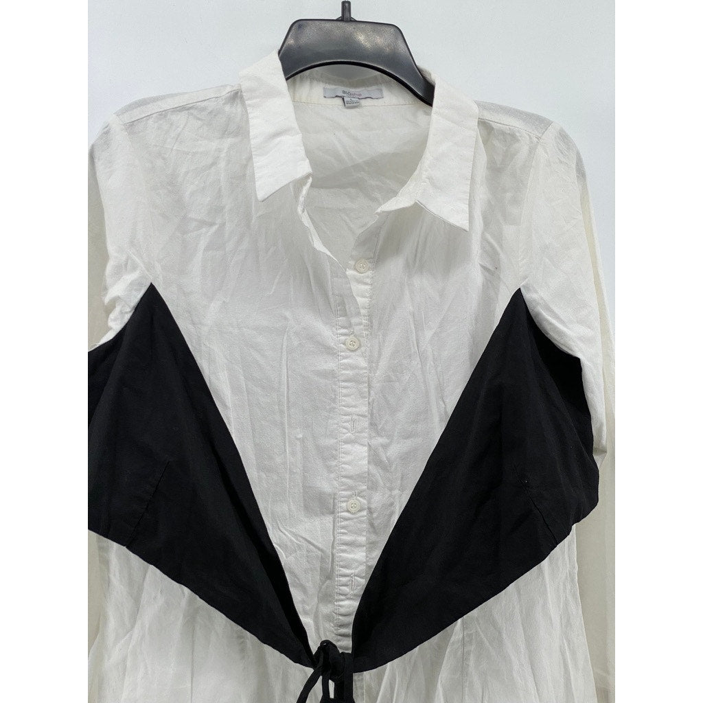 BLASHE Women’s White-Black Tie-Front Button-Up Long Sleeve Shirt Dress SZ L