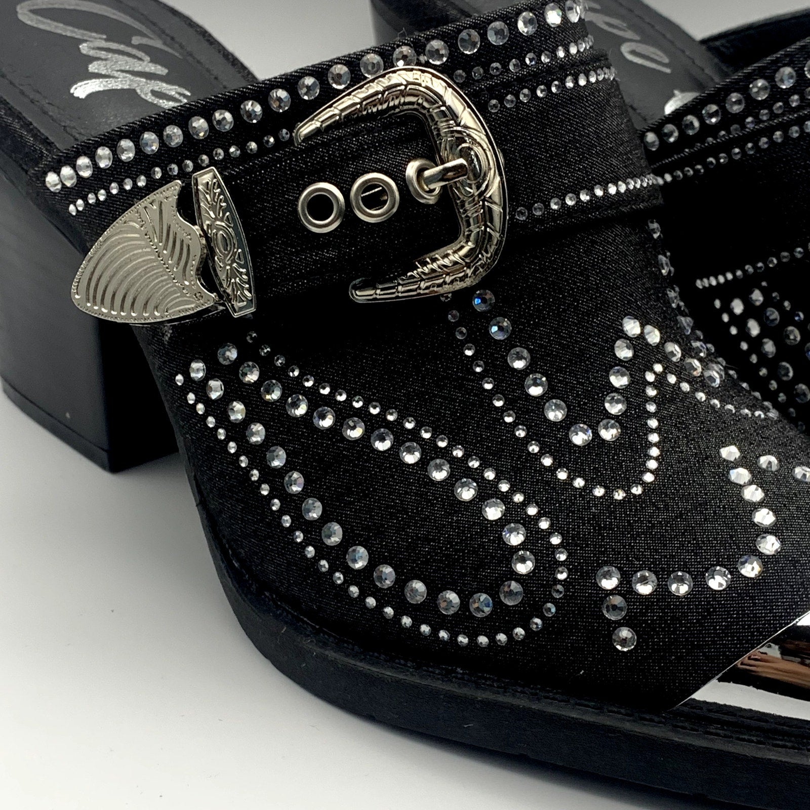 CAPE ROBBIN Women's Black Viv Rhinestone Denim Buckle Pointed-Toe Heels SZ 8