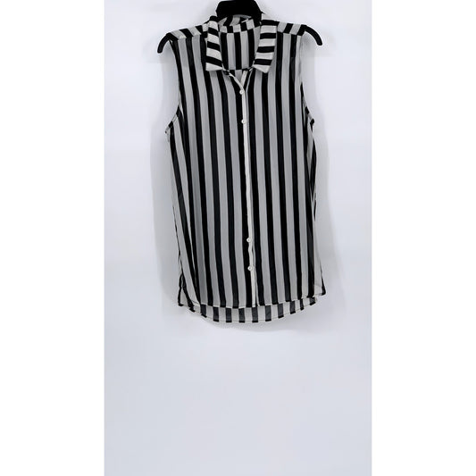 DIVIDED By H&M Women’s Black-Gray Striped Button-Up Collared Tunic Top SZ S
