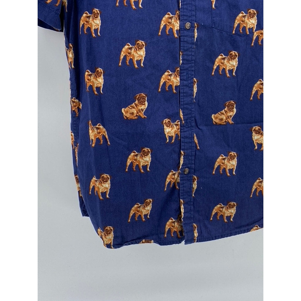 FOREVER 21 Men's Dark Blue-Brown Pug Graphic Button-Up Short Sleeve Shirt SZ L
