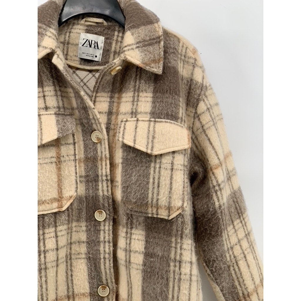 ZARA Women's Brown Plaid Button-Up Long Sleeve Oversized Shirt Jacket SZ S