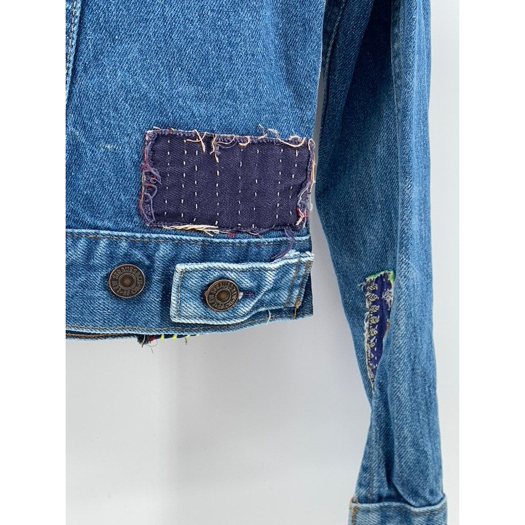 LEVI'S Women's Denim Blue Patchwork Button-Up Long Sleeve Trucker Jacket SZ S