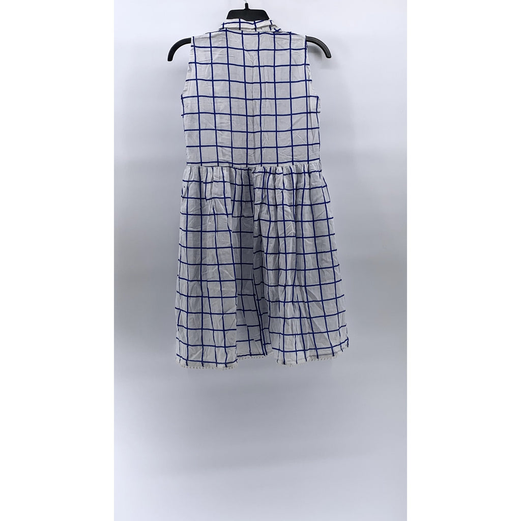 UNBRANDED Women's Blue-White Windowpane Half-Button Sleeveless Mini Dress SZ S