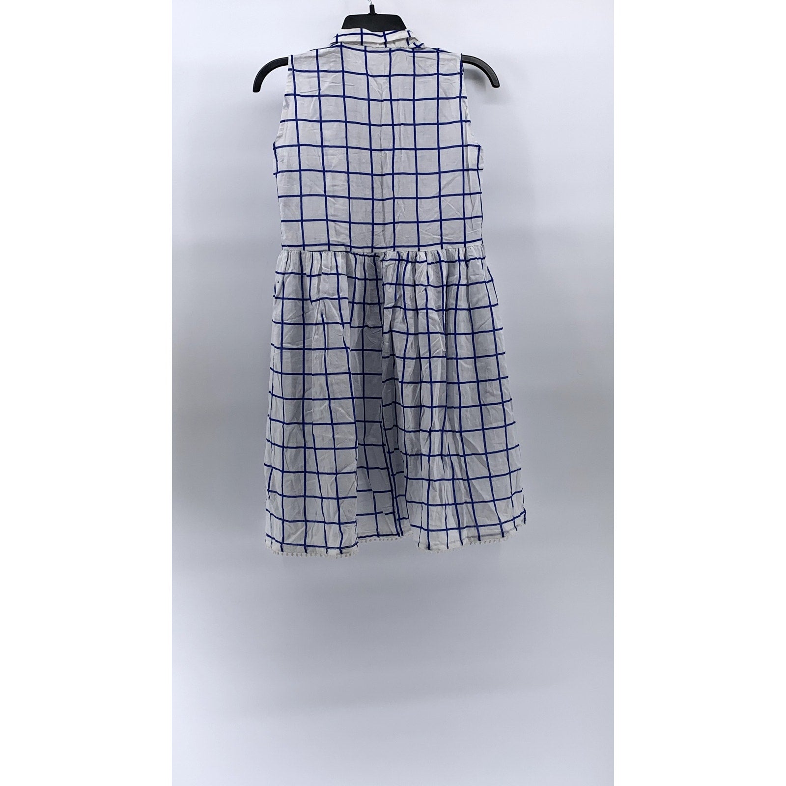UNBRANDED Women's Blue-White Windowpane Half-Button Sleeveless Mini Dress SZ S