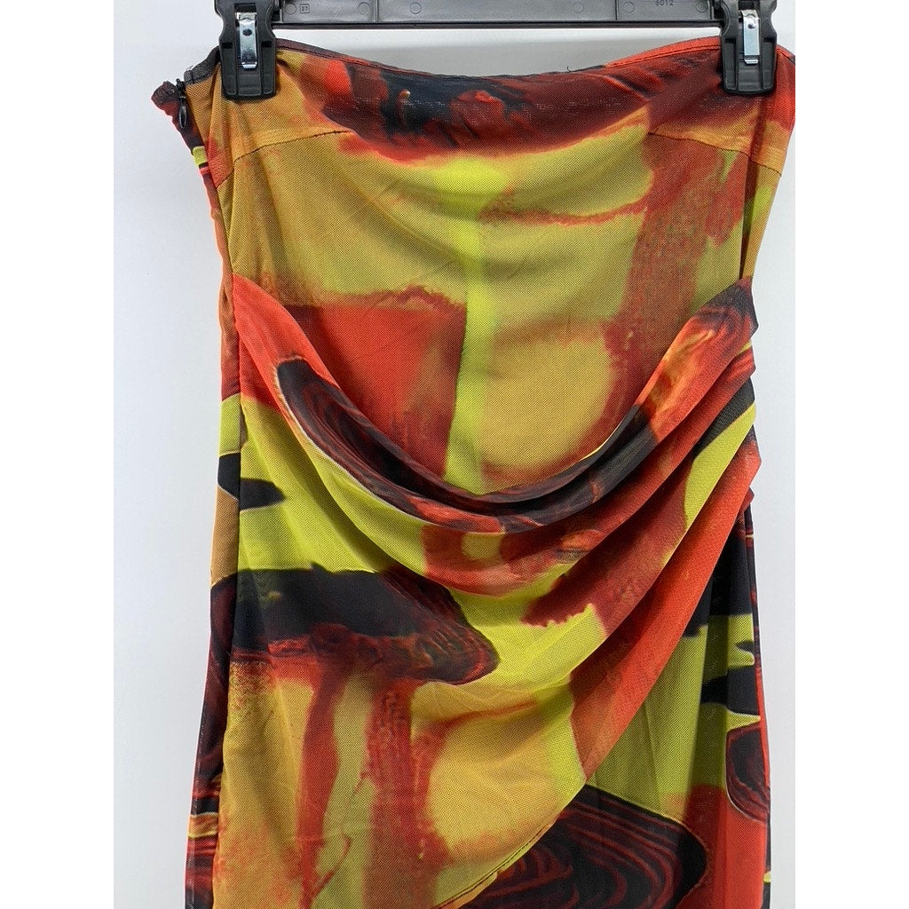 SHEIN Women's Green-Red Printed Strapless Mesh Side-Ruched Bodycon Dress SZ 6