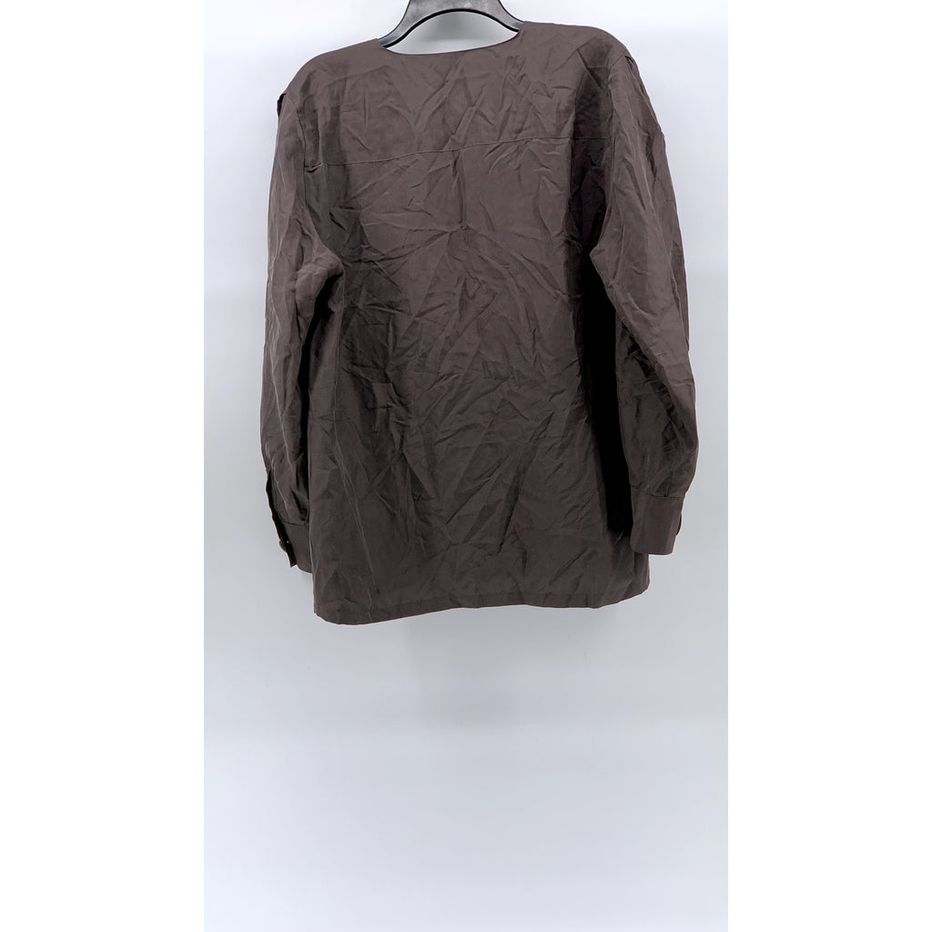 UNBRANDED Women's Brown Button-Up Collarless Long Sleeve Blouse SZ L