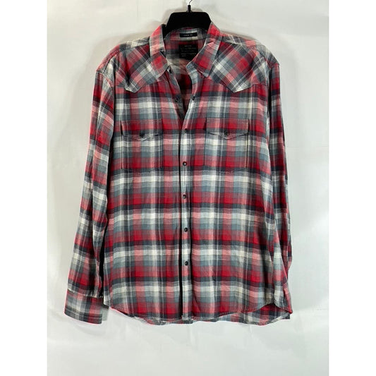 LUCKY BRAND Black Label Men's Red/Gray Plaid Classic-Fit Button-Up Shirt SZ L