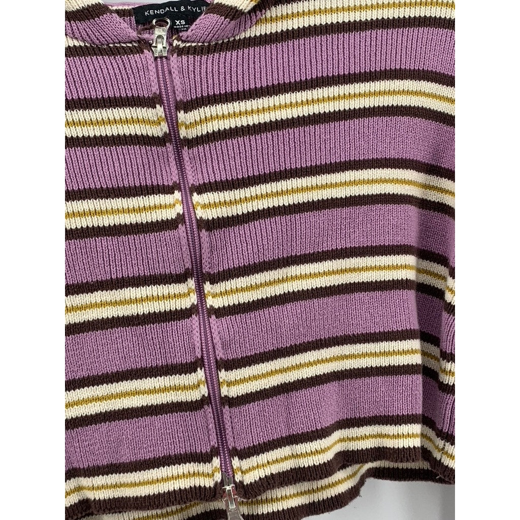 KENDALL & KYLE Women's Pink-Tan Striped Ribbed Hooded Cropped Sweater SZ XS