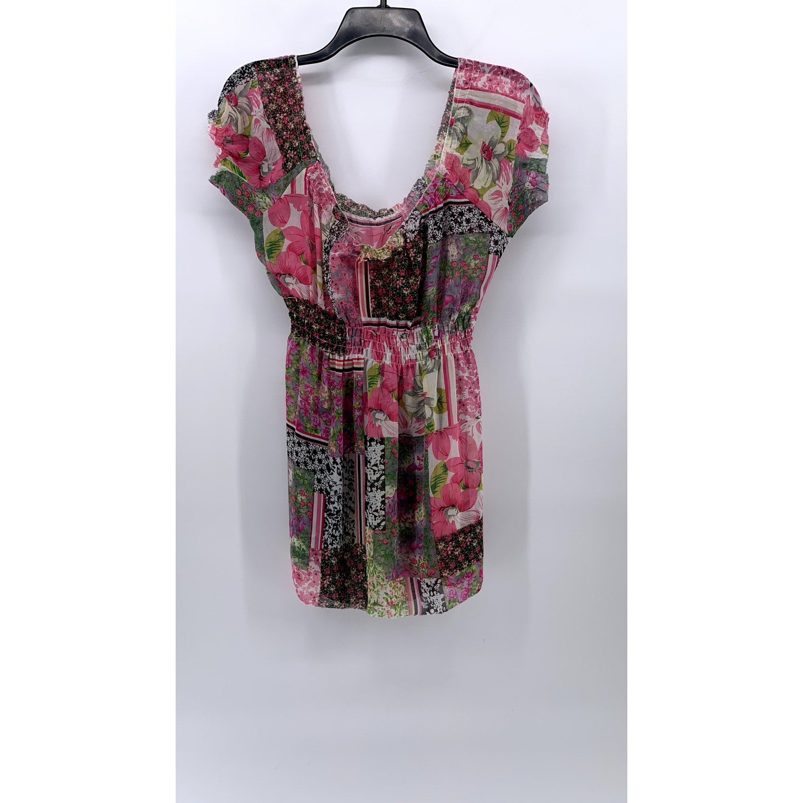 UNBRANDED Women's Pink-Green Multi Printed Puff-Short Sleeve A-Line Dress SZ S
