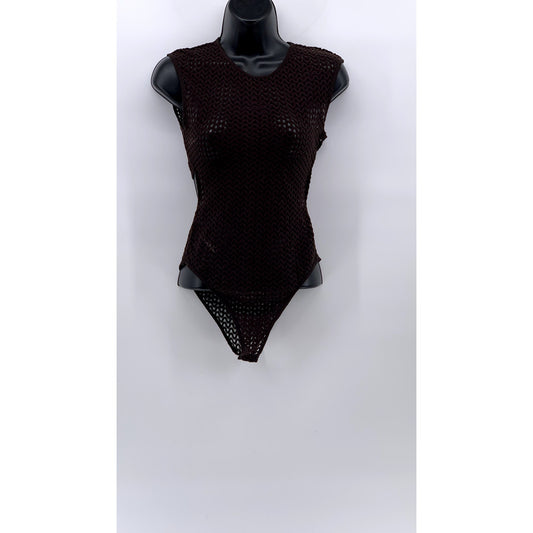 ZARA Women's Brown Mesh Cutout Back Sleeveless Crewneck One-Piece Bodysuit SZ S