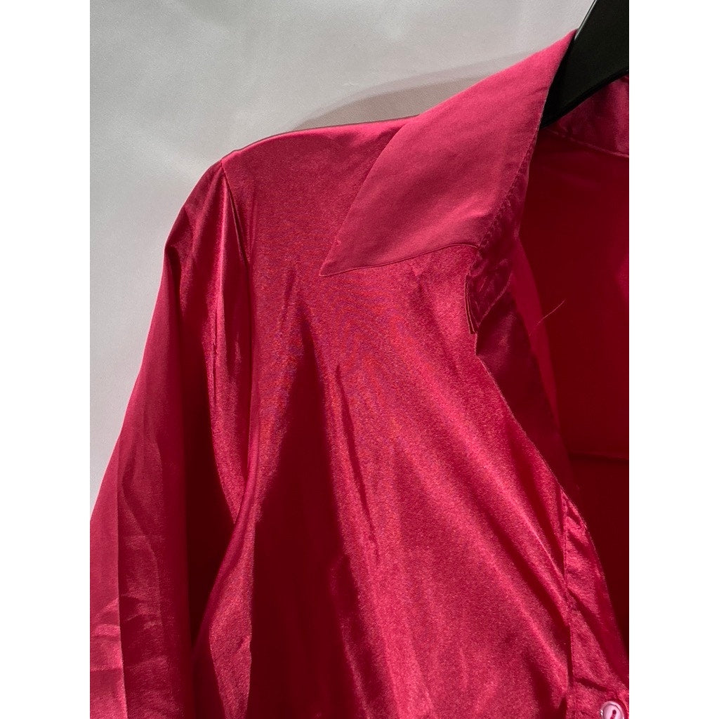 SHEIN Women's Dark Pink Satin Button-Up Long Sleeve Maxi Relaxed-Fit Dress SZ XS
