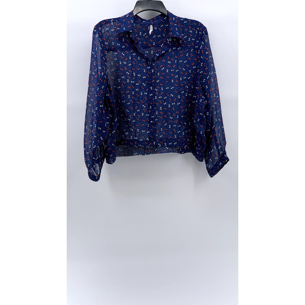 COTTON CANDY Women's Blue Mini Bow Print Button-Up Long Sleeve Sheer Top SZ M