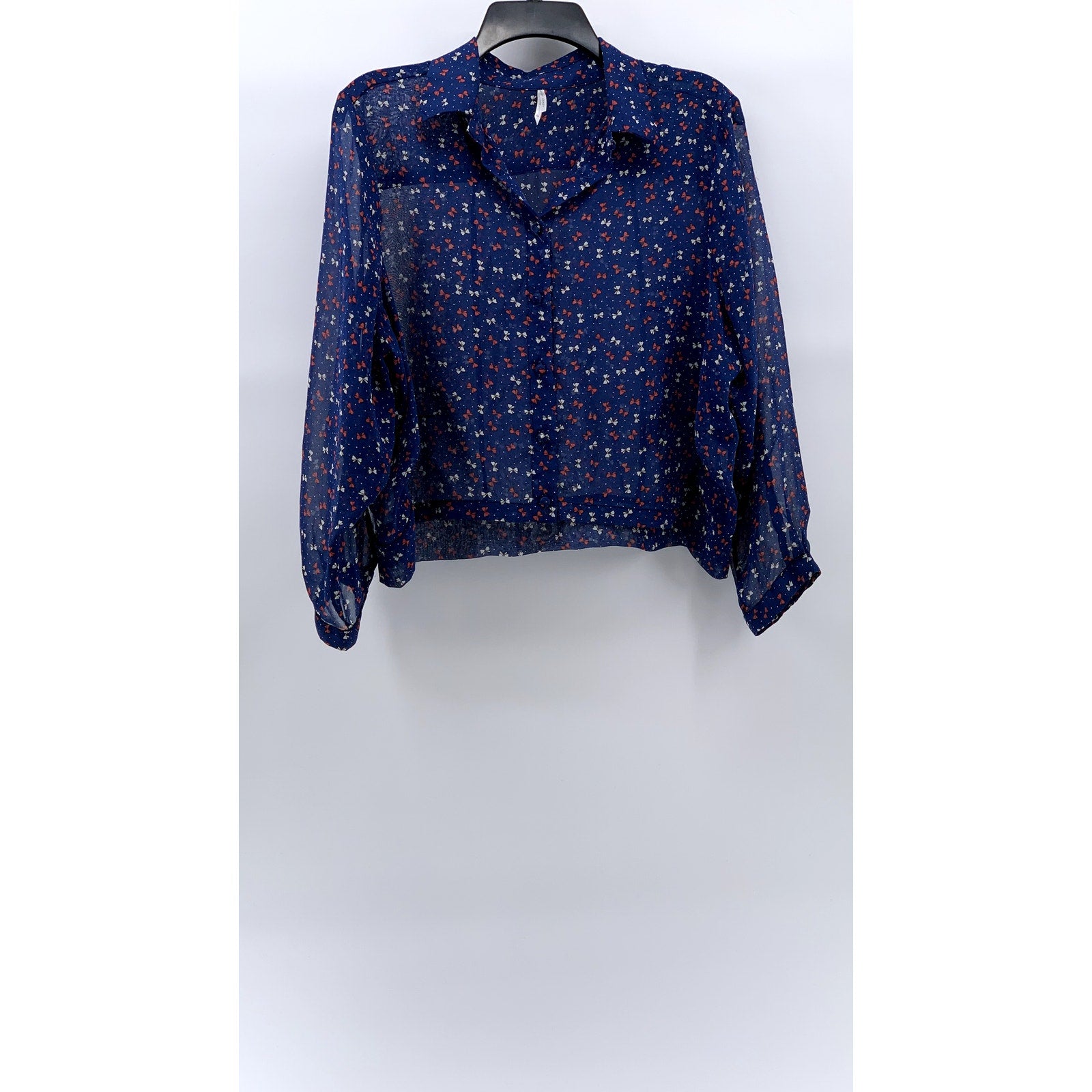 COTTON CANDY Women's Blue Mini Bow Print Button-Up Long Sleeve Sheer Top SZ M