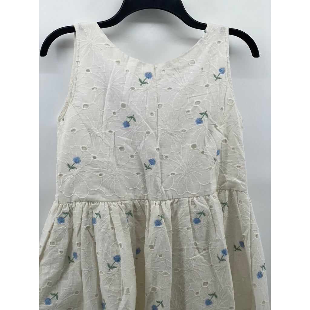 UNBRANDED Girl's White Embroidered Floral Eyelet A-Line Sleeveless Dress SZ L